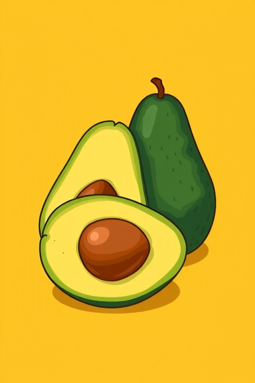 Create a high-quality illustration of two avocados, one whole and one sliced, on a vibrant mustard yellow background, using a digital drawing style, with a resolution of 300 DPI, and a flat perspective for a clean, modern look.