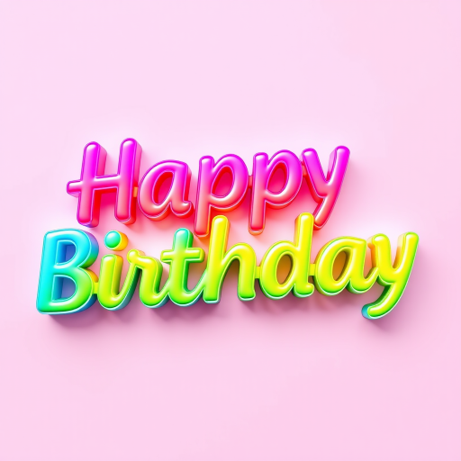Create a vibrant and glossy "Happy Birthday" text design with a colorful gradient effect, using a Canon EOS R5 camera with a 50mm lens, aperture set to f/2.8, ISO 100, shot from a slight overhead angle to enhance depth and focus.