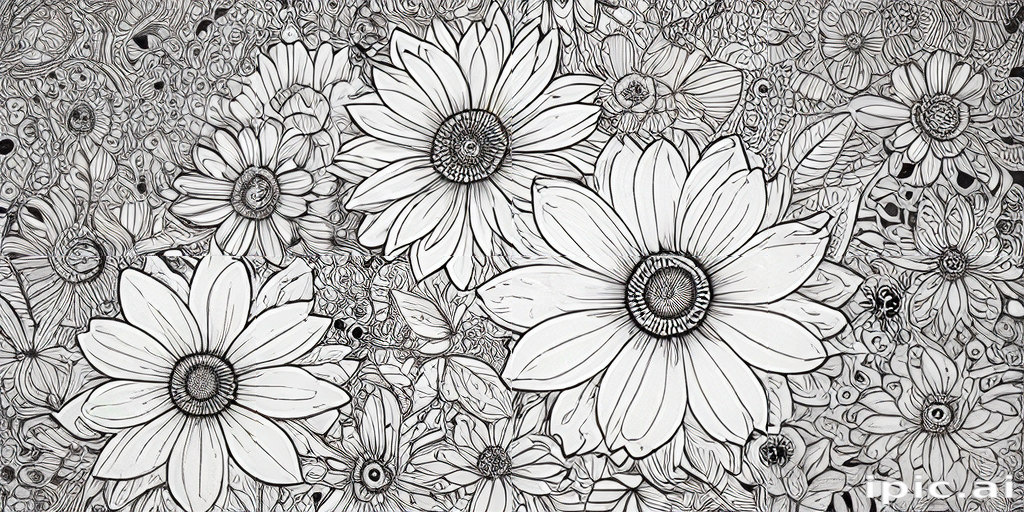Intricate Black and White Floral Design Featuring Various Beautiful Flowers