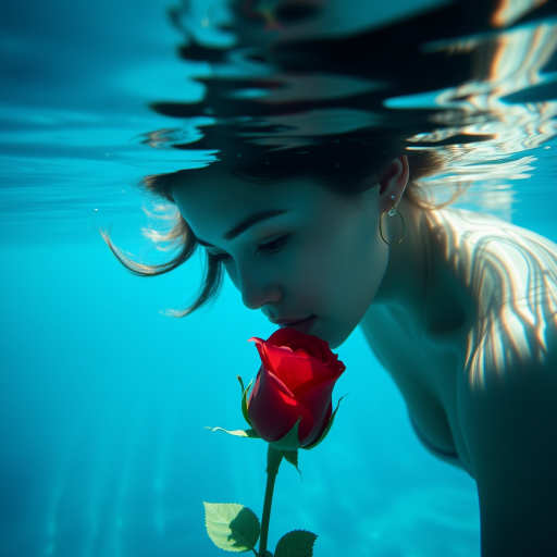 A woman underwater, gazing at a rose Her face is reflected in the water's surface The scene is illuminated by sunlight filtering through the water The atmosphere is serene and contemplative