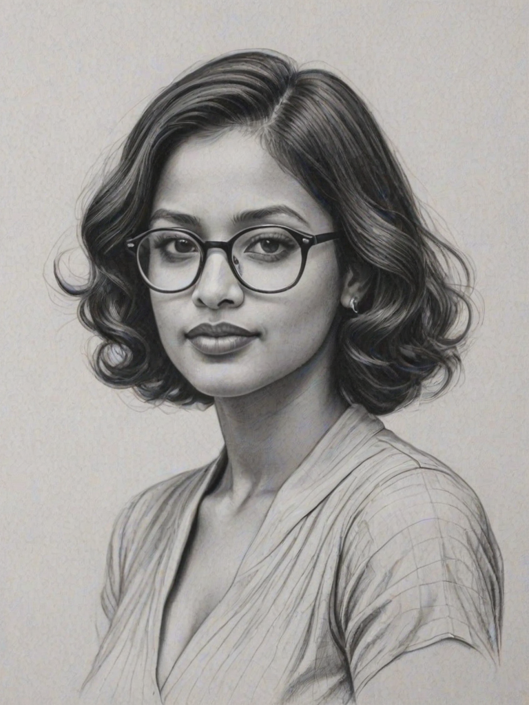 Gorgeous Tiya Sircar, pencil sketch, portrait of Graceful woman 1933s in glasses, hair style beatnik, outline, clear lines, fine lines, 8k