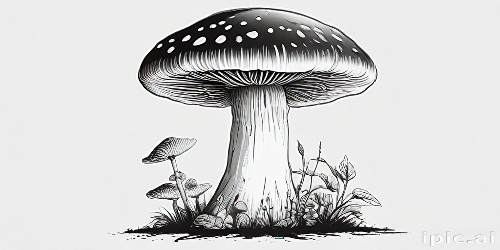 Intricate Black and White Illustration of a Majestic Mushroom with ...