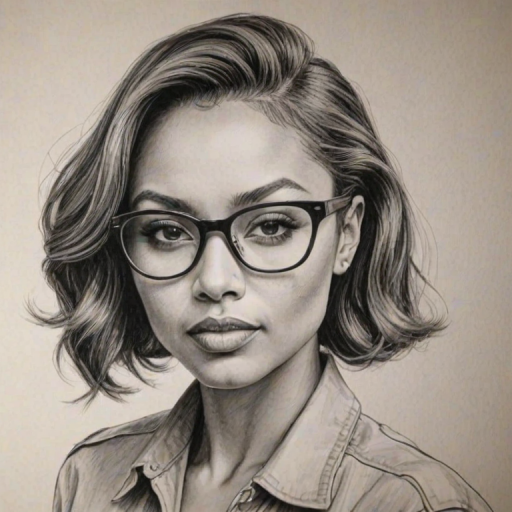 Fascinating Kat Graham, pencil sketch, portrait of Sublime woman 1942s in glasses, hair style beatnik, outline, clear lines, fine lines, 8k