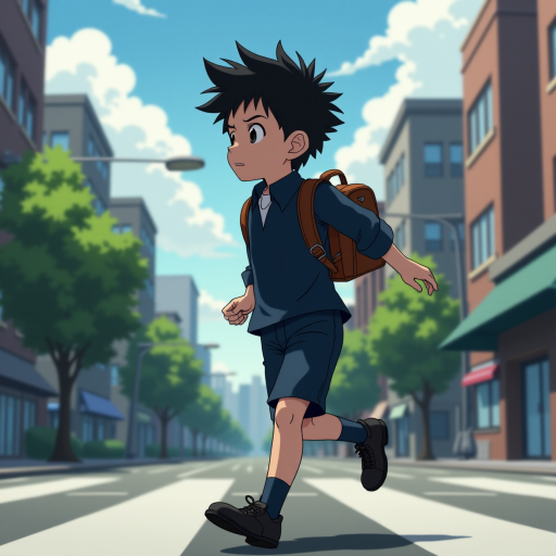 In the Japanese boondocks photorealistic anime, the camera focuses on strong muscular sideview of 9 year old boy his perfect face conveys powerful mighty passion, wearing black school dress-shoes, wearing dark blue matching school uniform. he runs lightly across wide busy city street. with stoplights in backdrop, The animation highlights the dynamic of the boy's clothes and hair blowing in the wind as he moves around, wearing leather backpack,