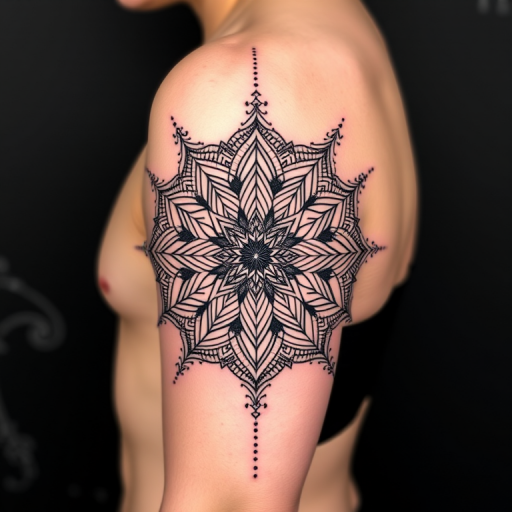 Geometric blackwork tattoo named "Sacred Symmetry" featuring interlocking mandala patterns forming a half-sleeve, incorporating sacred geometry symbols and dot work gradients, creating a mesmerizing optical illusion effect that appears three-dimensional when viewed from different angles