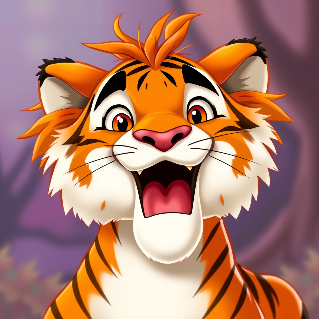 Disney style, cartoon illustration of an orange and white tiger with messy hair smiling very wide open mouth showing, in the Disney Pixar animation style, in the style of Don Bluth, full teeth body, with a very detailed face, very detailed eyes, very detailed fur, full color, very colorful, with a very colorful background, soft pastel colors, high resolution, high quality, high detail, hyper realistic