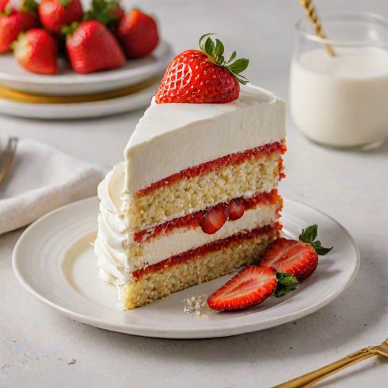 Generate an image of a slice of layered cake with white frosting and fresh strawberries on top. The cake should have visible layers of sponge and strawberry filling, placed on a white plate with a golden fork beside it. The background should be light and minimalistic, enhancing the focus on the cake.