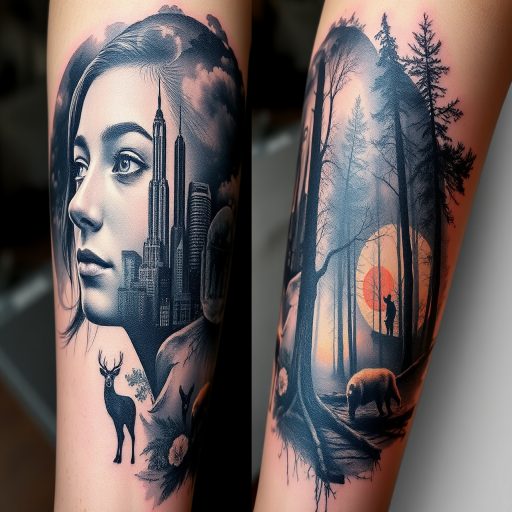 Surrealist double exposure tattoo, "Dreamscape Fusion," blending two distinct images seamlessly, such as a portrait with a cityscape or a forest scene with wildlife, using a mix of realistic and abstract elements in grayscale with pops of vibrant color