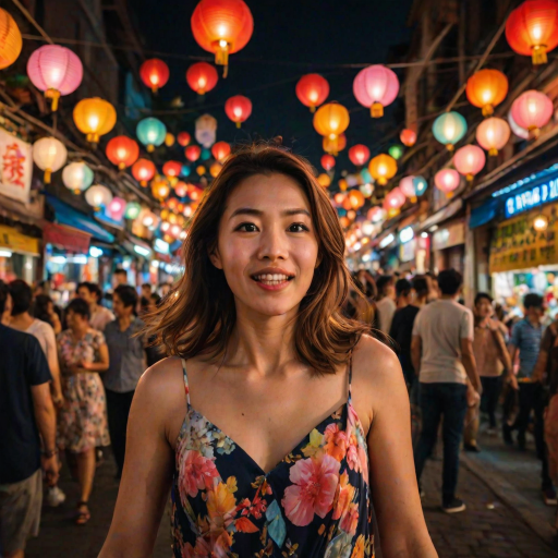 Crowded street festival at night, with colorful lanterns hanging above, a woman in a floral dress weaves through the crowd, her eyes wide with wonder at the lively scene around her.