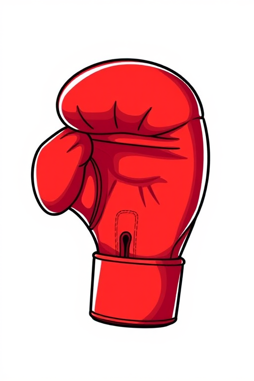 Create a high-resolution cartoon illustration of a red boxing glove on a white background, using a Canon EOS R5 camera at f/8, ISO 100, and a 50mm lens for sharp details and vibrant colors.