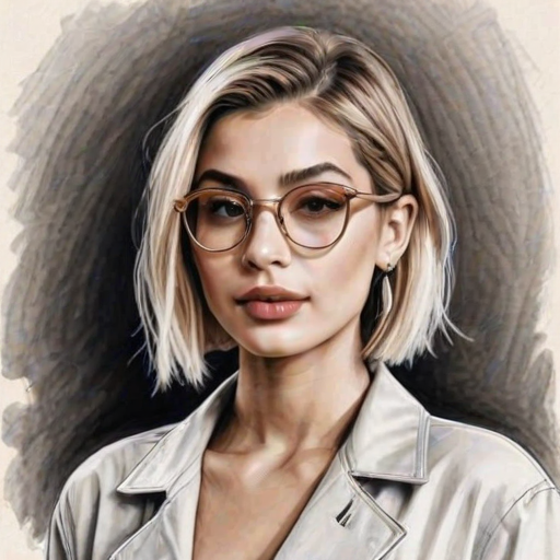Fetching Hailey Bieber, pencil sketch, portrait of Enchanting woman 1924s in glasses, hair style beatnik, outline, clear lines, fine lines, 8k