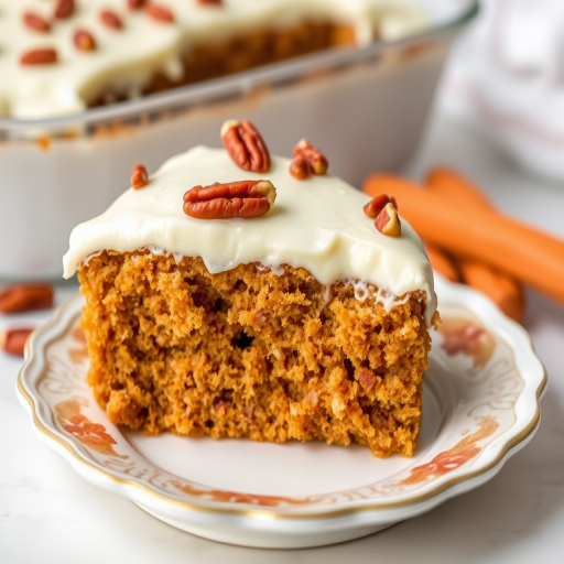 Carrot cake slice topped with cream cheese frosting and chopped pecans on a decorative white plate with a blurred background of more cake in a baking dish
