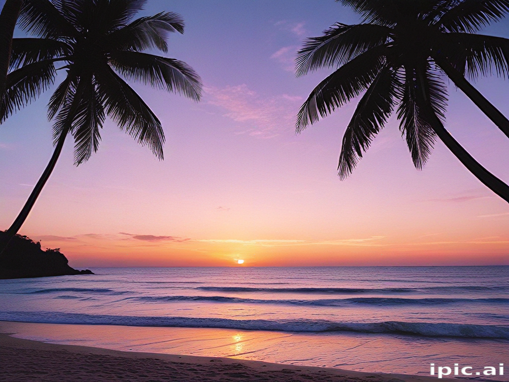 Serene Sunset Over Tranquil Ocean with Silhouetted Palm Trees in Paradise