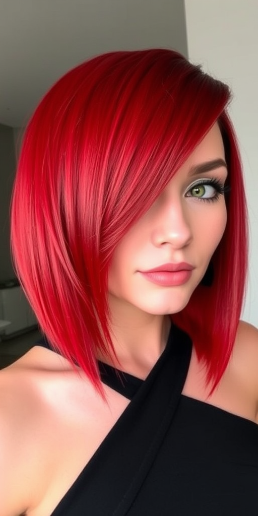Fiery red asymmetrical bob with sharp angles, sleek and straight styling, featuring a dramatic side-swept fringe that adds intrigue and edginess