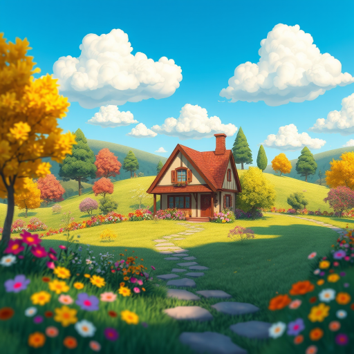 regenerate a colorful cartoon landscape featuring a charming house surrounded by vibrant flowers, green hills, and trees under a bright blue sky with fluffy clouds, using a high-resolution digital illustration style, with a focus on depth of field and soft lighting, captured with a virtual camera setting of 24mm lens, f/8 aperture, ISO 100, and high dynamic range for enhanced detail and vibrancy