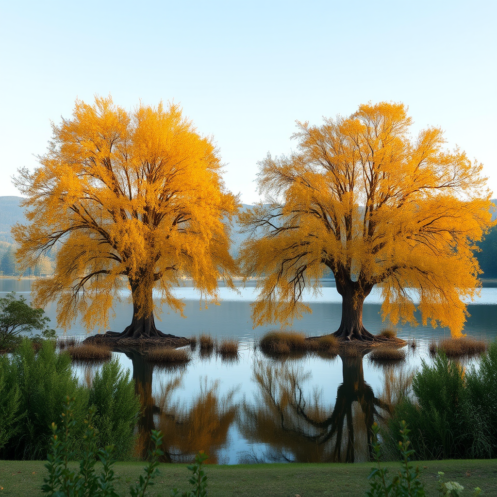 Capture a serene lakeside scene framed by two large trees with golden autumn leaves, using a Canon EOS R5, 35mm lens, f/8 aperture, ISO 100, 1/125 sec exposure, early morning light for warm tones and enhanced reflection on the water.