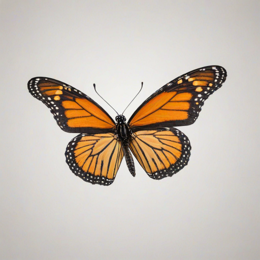 Generate an image of a monarch butterfly with vibrant orange and black wings, positioned in mid-flight against a plain white background, casting a subtle shadow beneath it.