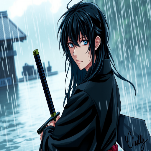 solo, long hair, looking at viewer, bangs, blue eyes, black hair, long sleeves, 1boy, hair between eyes, closed mouth, jacket, upper body, weapon, male focus, japanese clothes, sword, signature, water, lips, black jacket, wet, katana, messy hair, rain, realistic, wet hair, haori, demon slayer uniform, tomioka giyuu