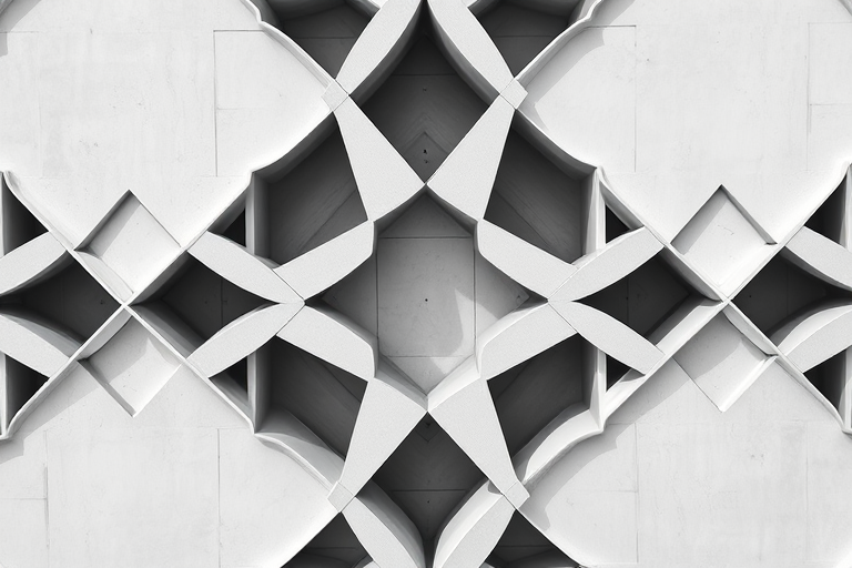 Capture a high-resolution image of an abstract geometric pattern featuring interlocking shapes in a monochromatic color palette, using a Canon EOS R5 with a 50mm f/1.8 lens, shooting in natural light at f/8, ISO 200, and a shutter speed of 1/200s from a bird's eye view to enhance clarity and depth.