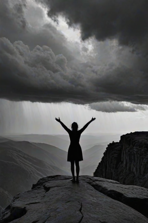 High-contrast black-and-white image of a silhouette of a woman standing at the edge of a cliff, arms outstretched, with distant storm clouds rolling in and jagged mountains barely visible in the background.