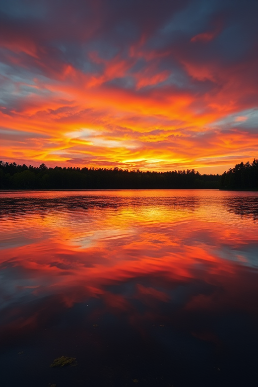Capture a vibrant sunset over a serene lake with reflections, use a Canon EOS R5, 24mm lens, aperture f/8, ISO 100, shutter speed 1/125s, in a landscape orientation, employing HDR photography for enhanced details and colors.
