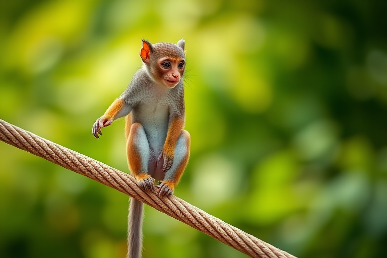 Squirrel monkey balancing on a thick rope over a blurred green background, shot with a Canon EOS 5D Mark IV, 50mm lens, f/2.8 aperture, ISO 200, 1/250 sec shutter speed, natural lighting, vibrant colors.