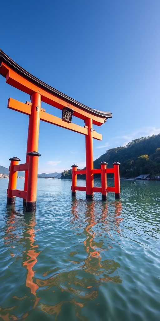 generate an image of a torii gate over water during a clear day, use a Canon EOS R5 camera with a 50mm lens, aperture f/8, ISO 100, shutter speed 1/200s, focus on sharpness and vibrant colors, high dynamic range style, wide angle view