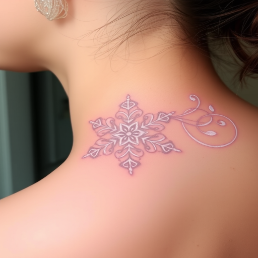 Delicate white ink tattoo titled "Frost Lace" showcasing an intricate snowflake pattern with delicate swirls and filigree details, appearing as a subtle raised design on the skin