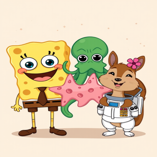 Create an illustration of four cartoon characters standing together on a textured beige background. The first character is a yellow square sponge with large eyes and a big smile wearing a brown tie. Next to him is a green octopus with a frown and large eyes. The third character is a pink starfish with a goofy smile. Lastly, there is a brown squirrel wearing a white space suit and a pink flower on her head, smiling widely.