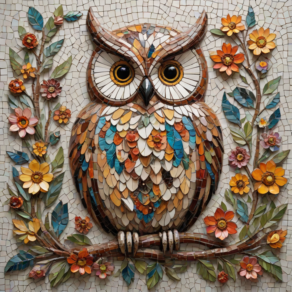 A mosaic of floral owls, one owl intricately composed of individual flower blossoms. The design showcases a delicate balance of nature and form, where the feathers of the owls are replaced by vibrant petals and blooms. The overall appearance is whimsical yet detailed, with each floral element contributing to the intricate patterns of the owl’s body. The artwork embraces a raw, organic style, with natural hues and soft textures, creating a harmonious blend of flora and fauna. The mosaic arrangement adds depth and visual intrigue to the piece, evoking a sense of wonder and artistic beauty.