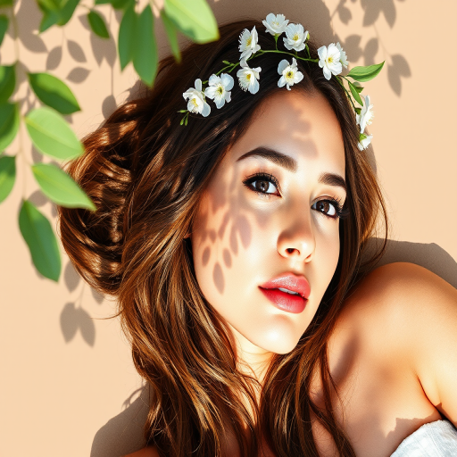 create a watercolor painting of an ethereal portrait of beautiful Chaldean woman with a simple white flower crown on her head. Her hair is long and she is lying on the ground. The sunlight on the trees casts shadows from the leaves on her face and body. The background is a neutral brown color that matches her skin tone. The image is minimalist and solid colors. This style is characterized by soft, delicate brushstrokes and a light, airy, contrasting color palette. High level of detail and play of light