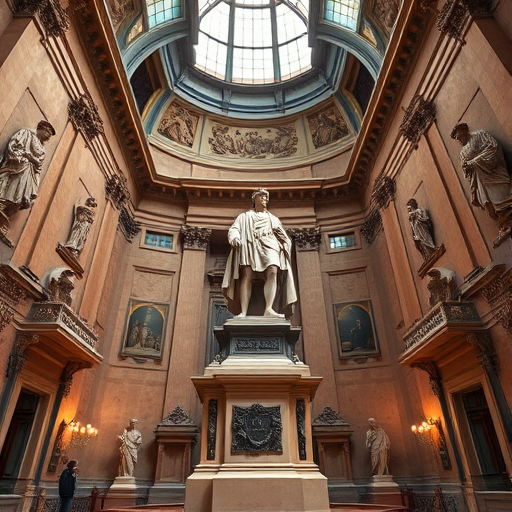 Generate an image of the interior of a grand historical building featuring a large statue with surrounding ornate sculptures and murals, using a DSLR camera, 24mm lens, f/8 aperture, ISO 100, shot from a low angle to emphasize the height and details of the architecture and sculptures.