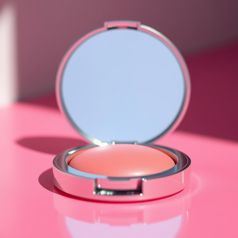 create a high-resolution digital illustration of an open cosmetic compact with a mirror reflecting soft light, focus on the smooth texture of the blush, use a 50mm lens at f/2.8 for shallow depth of field, capture in bright daylight with a softbox for even lighting