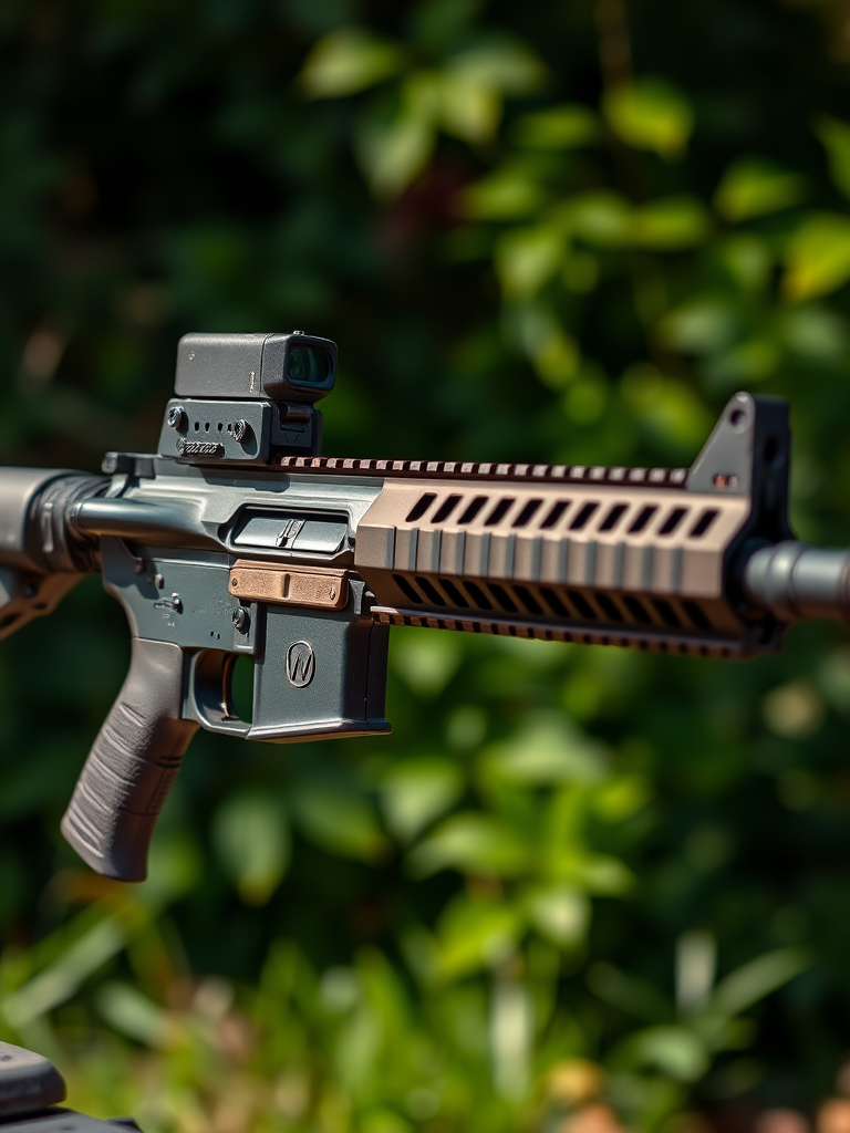 Create a high-resolution image of an M16 rifle with detailed textures, using a 50mm lens, f/1.8 aperture, in natural lighting, shot from a right-profile view with a DSLR camera to enhance clarity and depth.
