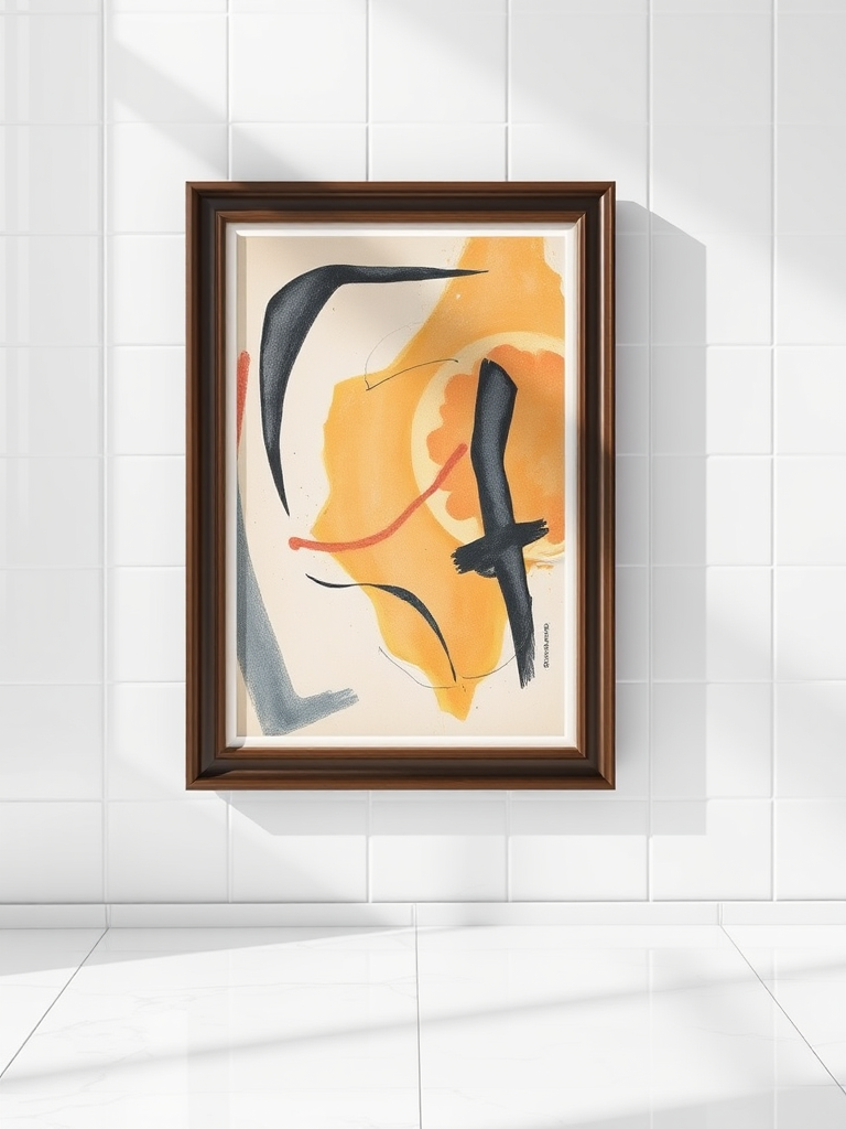Generate a high-quality image of an abstract framed artwork on a clean white wall with glossy tiles, using a DSLR camera, 50mm lens, f/2.8 aperture, ISO 100, 1/60 sec shutter speed, centered composition, natural lighting.