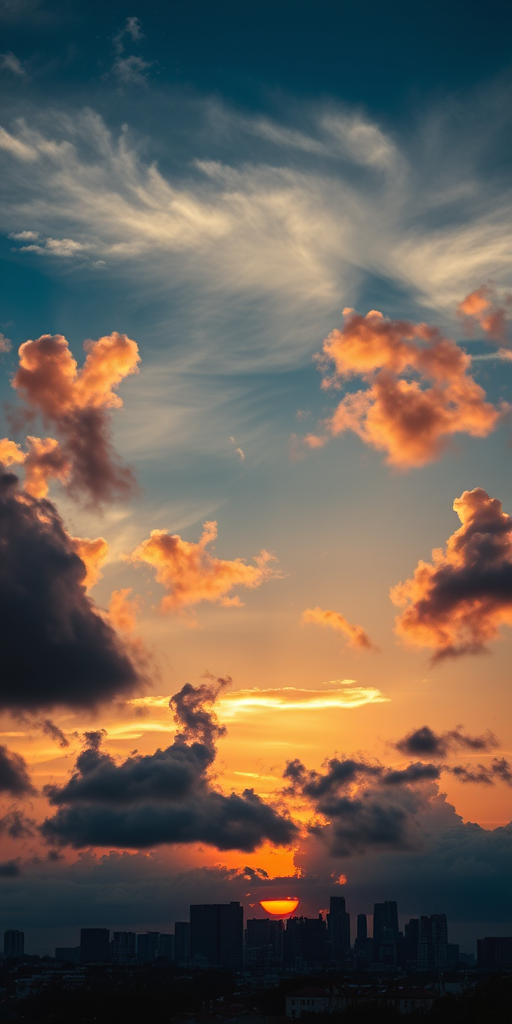 sunset over city skyline with dramatic clouds, low angle view, ISO 100, f/8, 1/60s, DSLR camera, wide-angle lens