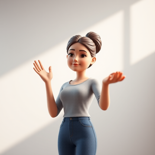 Generate a high-resolution 3D character image of a female figure standing and gesturing with one hand, using a Canon EOS 5D Mark IV camera, 85mm lens, f/1.8 aperture, ISO 100, in soft natural lighting, with a slight vignette effect for depth.