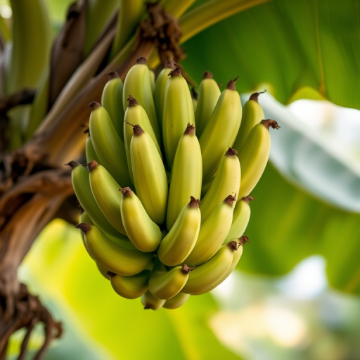 Capture a bunch of green bananas hanging from a banana tree, using a DSLR camera with a 50mm lens, aperture set to f/2.8, ISO 100, and a soft background focus to enhance depth of field.