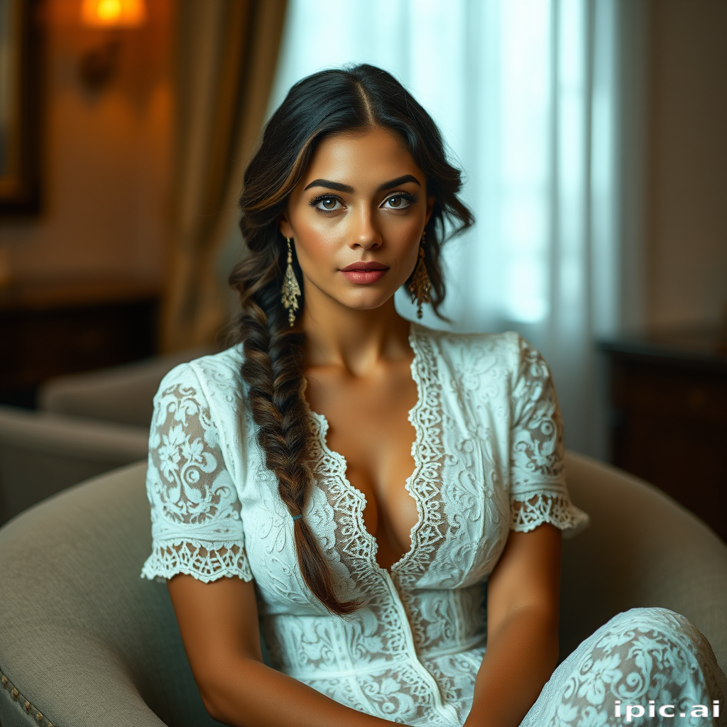 Create a portrait of a refined and elegant woman seated in a sophisticated setting. She has long, wavy hair styled in two thick braids that are pulled over her shoulders. She wears a white, lace gown with intricate patterns, featuring a deep V-neckline and short sleeves. The dress exudes a vintage charm with its delicate lacework. She is adorned with ornate, dangling earrings that add a touch of glamour to her appearance. The background is softly lit, with warm, ambient lighting that creates a cozy and inviting atmosphere. Her expression is poised and serene, capturing a sense of grace and elegance.