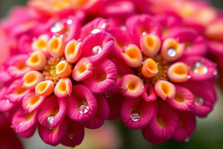 macro shot of Lantana flowers with dew drops, shallow depth of field, f/2.8 aperture, 50mm lens, 1/100s shutter speed, ISO 100, natural light, soft focus background.
