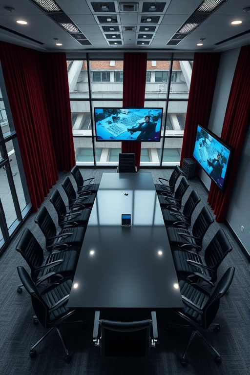 create a highly detailed top-down view of a modern conference room with a long rectangular table surrounded by black ergonomic chairs, large windows with dark red curtains, two large screens on the walls displaying presentations, soft overhead lighting, use a DSLR camera with a wide-angle lens, f/8 aperture, ISO 200, 24mm focal length, and a slight vignette effect to enhance image quality