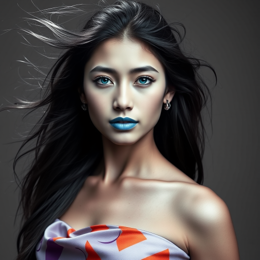 Photographic image of a beautiful young Mapuche woman, cyan eyes, lips with cyan lipstick, long hair fluttering in the wind and wearing a silk strapless dress with a soft purple and orange print. monochrome image with only color highlights in the iris of the eyes, lipstick and dress. Gray background.