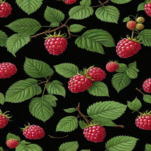 create a black background illustration of a branch with white outline drawings of raspberries and leaves