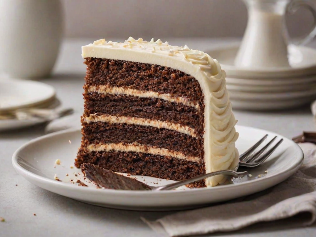 Create an image of a slice of layered cake on a simple plate. The cake should have distinct layers of chocolate and vanilla, with creamy frosting in between. The slice should be positioned to show the texture and colors of the layers clearly, with a clean and minimalistic background.