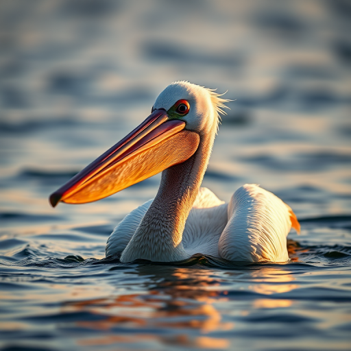 Capture a close-up image of a pelican swimming in calm waters, using a Canon EOS R5 with a 85mm f/1.2 lens, aperture set to f/2.8, ISO 200, shutter speed 1/500 sec, focus on the pelican's features, natural lighting during the golden hour, shallow depth of field for a soft background blur.