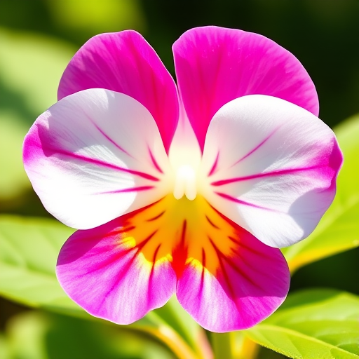 Create a vibrant illustration of a heart-shaped flower with a pink top and white petals, featuring green leaves, captured in high resolution with a macro lens at f/2.8, 1/200s shutter speed, in bright natural lighting, using a digital camera.