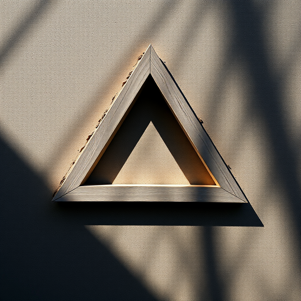 Create a high-resolution image of an impossible triangle, using a Canon EOS R5 camera with a 50mm lens, f/8 aperture, ISO 100, and natural lighting from a slightly elevated angle to enhance depth and shadow contrast.