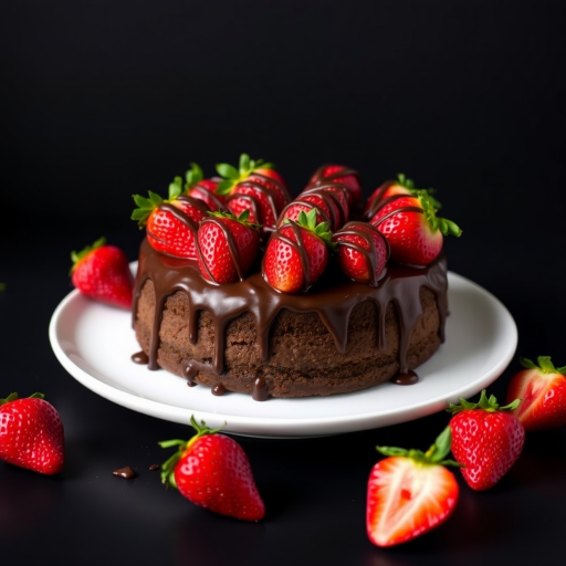 A chocolate cake topped with fresh strawberries and drizzled with chocolate ganache, placed on a white plate against a dark background with a few scattered strawberries around the plate, showcasing a rich and indulgent dessert.