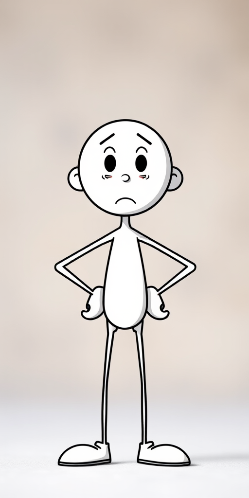 Create a high-resolution vector illustration of a stick figure standing with hands on hips, looking surprised, using a 50mm lens, f/2.8 aperture, ISO 100, daylight setting, from a front view with a soft focus background.