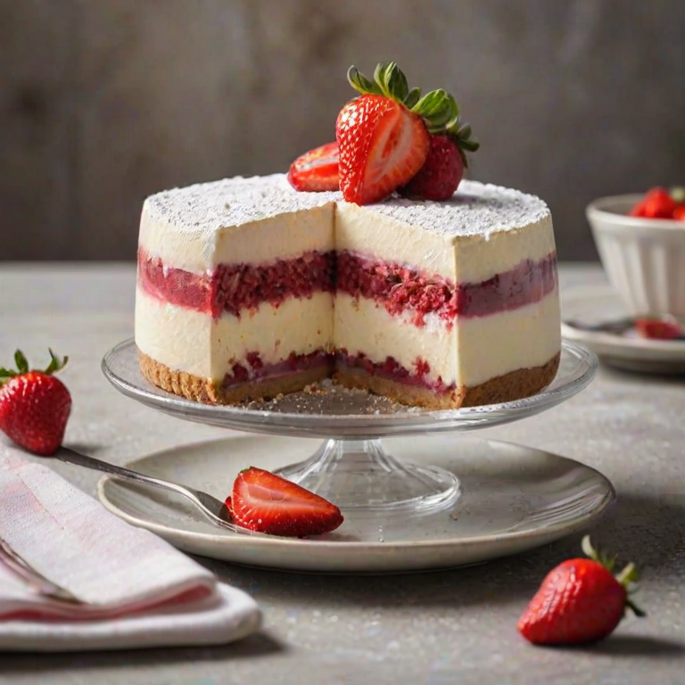 Generate an image of a delicious layered dessert featuring a creamy filling and a dusting of red powder on top. The dessert should be presented with a slice cut out, showcasing its layers, and topped with a fresh strawberry. Include a decorative plate and a fork beside it, with a blurred background of similar desserts in a glass dish.